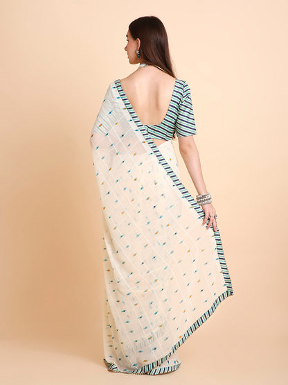 Chiffon Ikat Printed Saree with Unstitched Blouse Piece