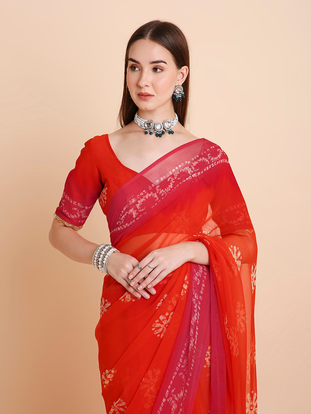 Chiffon Batik Printed Tie-Dye Saree with Running Blouse Piece