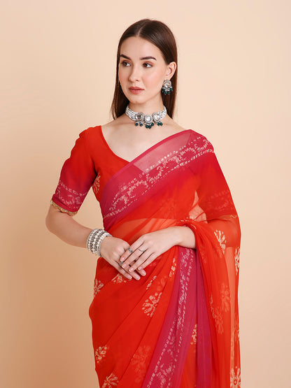 Chiffon Batik Printed Tie-Dye Saree with Running Blouse Piece