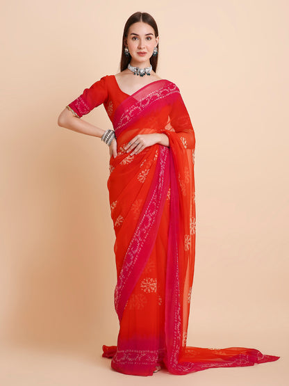 Chiffon Batik Printed Tie-Dye Saree with Running Blouse Piece