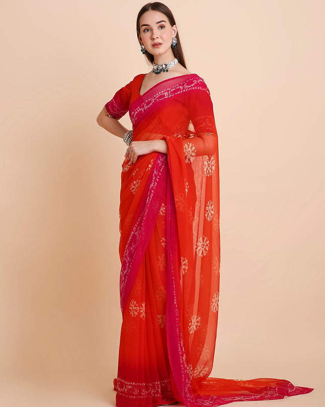 Chiffon Batik Printed Tie-Dye Saree with Running Blouse Piece