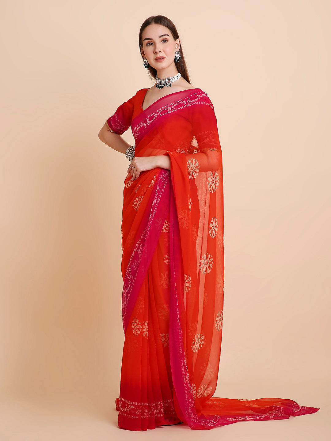 Chiffon Batik Printed Tie-Dye Saree with Running Blouse Piece