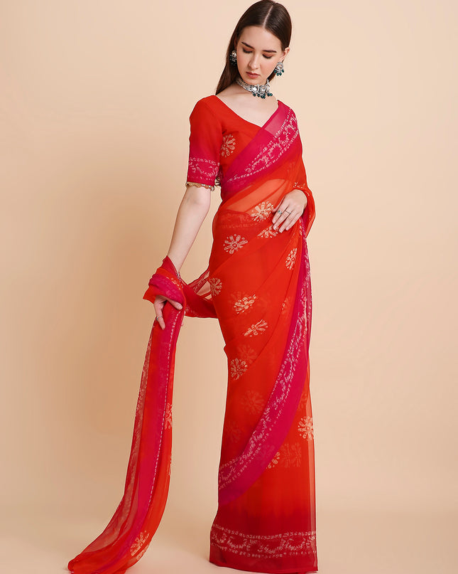 Chiffon Batik Printed Tie-Dye Saree with Running Blouse Piece