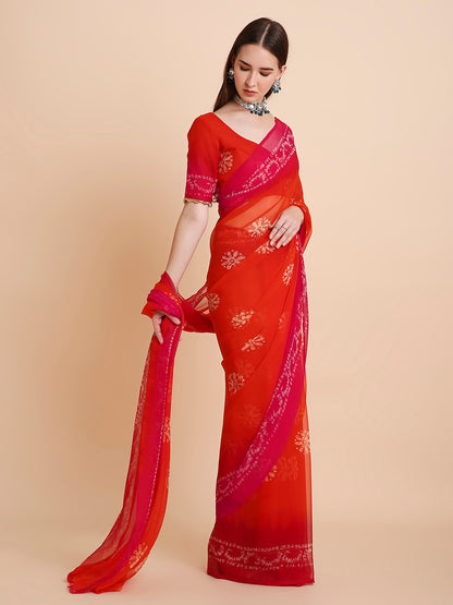 Chiffon Batik Printed Tie-Dye Saree with Running Blouse Piece