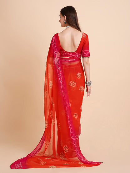 Chiffon Batik Printed Tie-Dye Saree with Running Blouse Piece