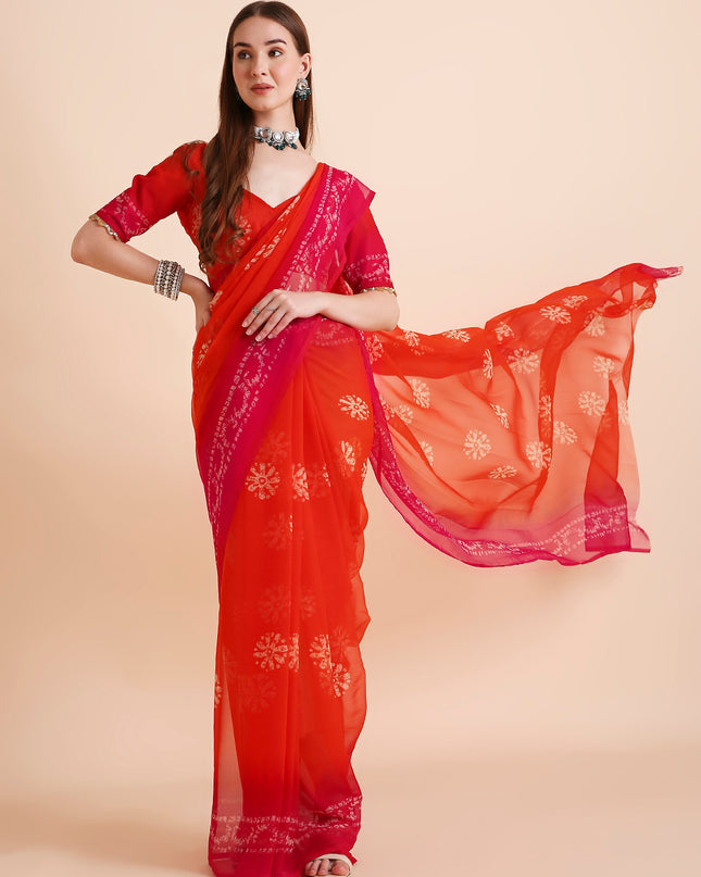 Chiffon Batik Printed Tie-Dye Saree with Running Blouse Piece
