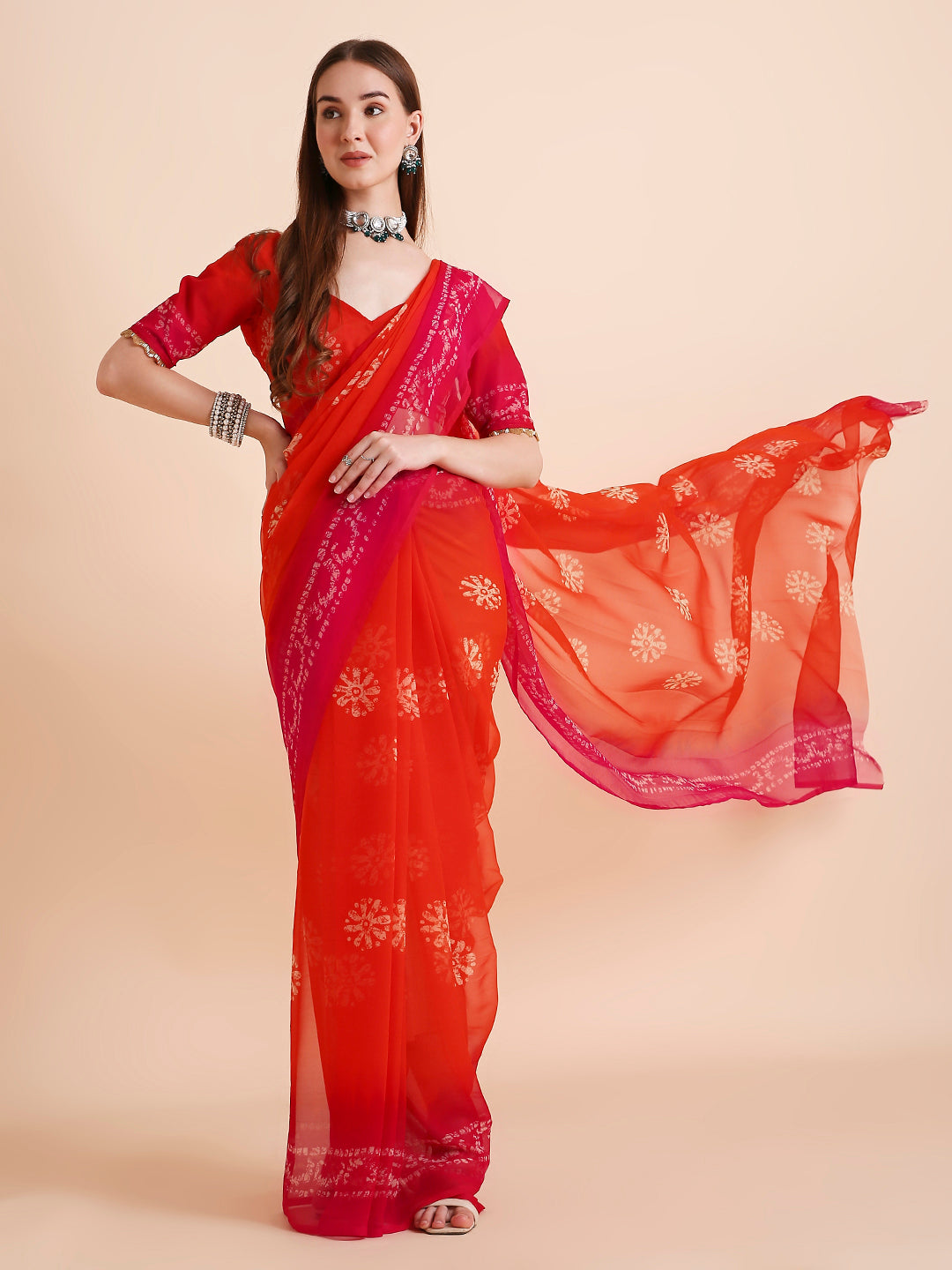 Chiffon Batik Printed Tie-Dye Saree with Running Blouse Piece