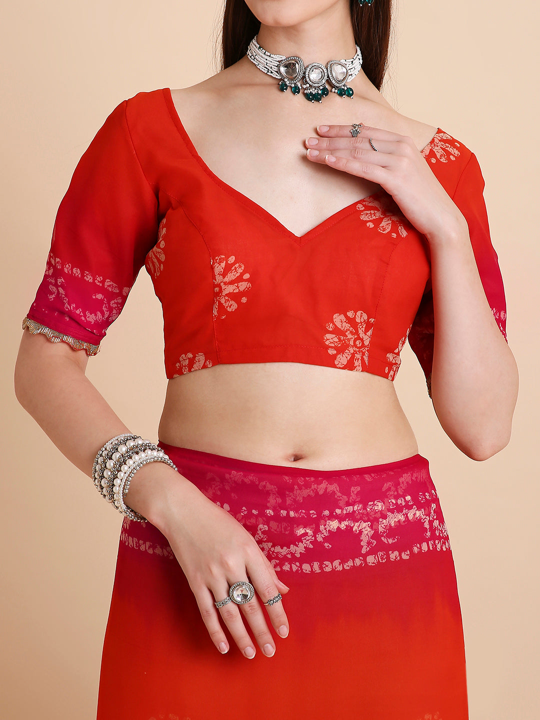 Chiffon Batik Printed Tie-Dye Saree with Running Blouse Piece