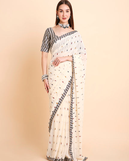 Chiffon Ikat Printed Saree with Unstitched Blouse Piece
