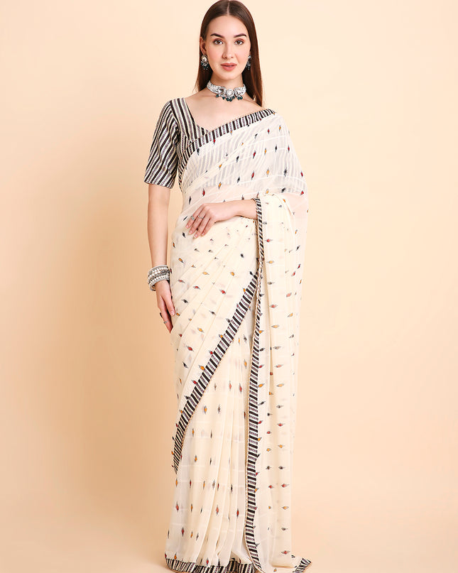 Chiffon Ikat Printed Saree with Unstitched Blouse Piece