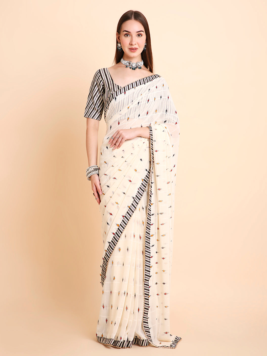 Chiffon Ikat Printed Saree with Unstitched Blouse Piece