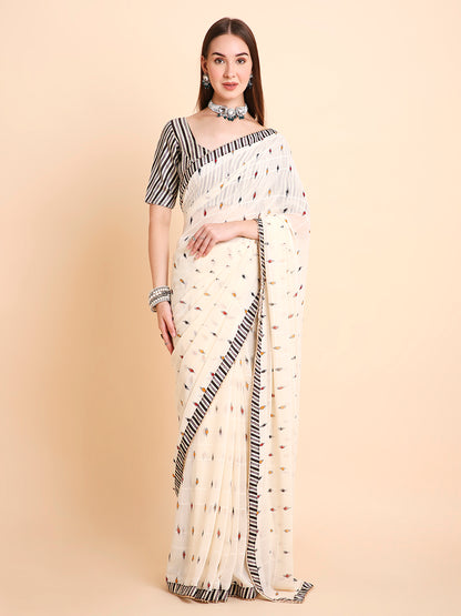 Chiffon Ikat Printed Saree with Unstitched Blouse Piece
