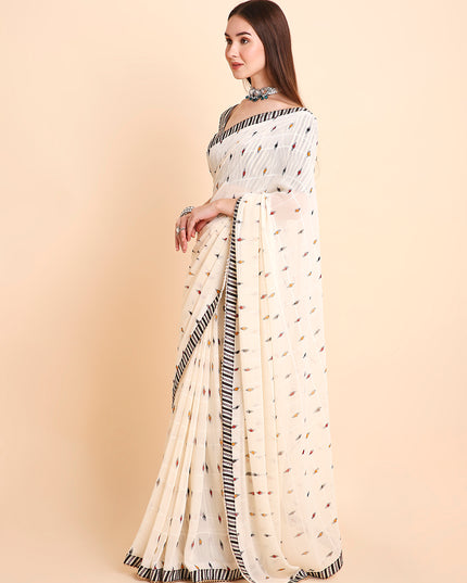 Chiffon Ikat Printed Saree with Unstitched Blouse Piece