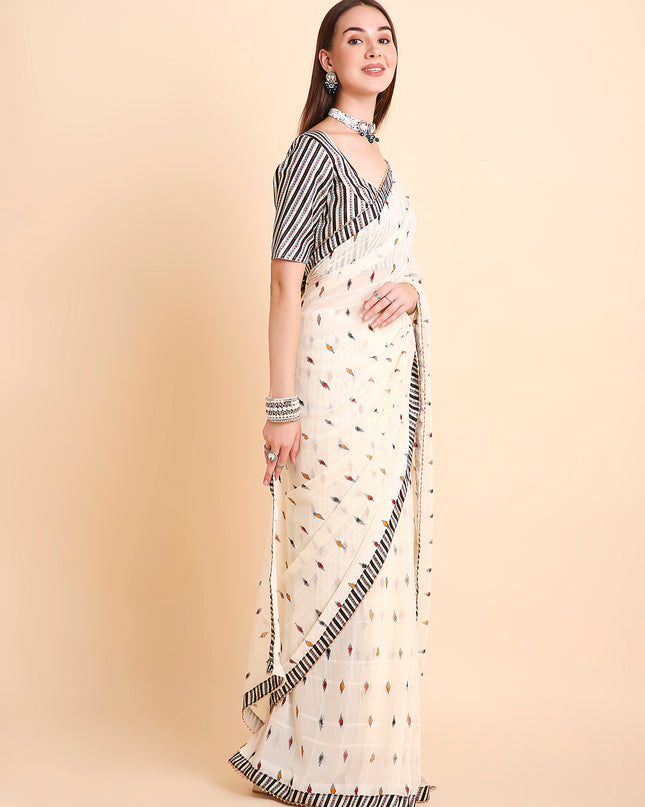 Chiffon Ikat Printed Saree with Unstitched Blouse Piece
