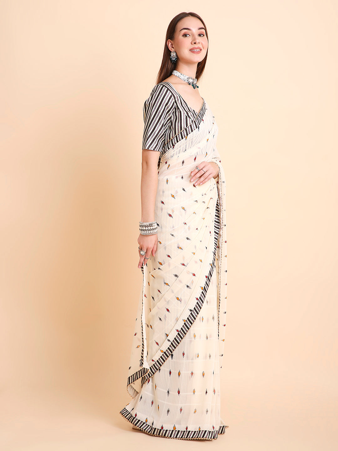 Chiffon Ikat Printed Saree with Unstitched Blouse Piece