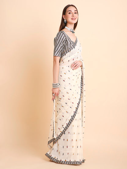 Chiffon Ikat Printed Saree with Unstitched Blouse Piece