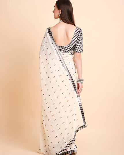 Chiffon Ikat Printed Saree with Unstitched Blouse Piece