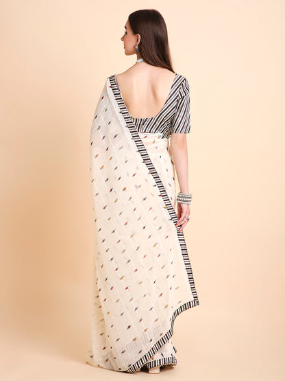 Chiffon Ikat Printed Saree with Unstitched Blouse Piece