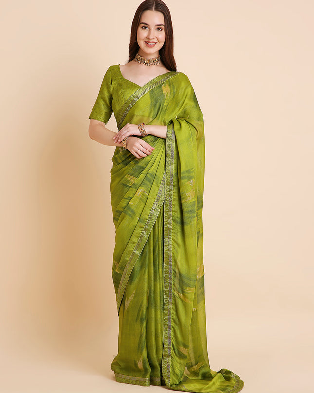 Shimmer Chiffon Printed Saree with Unstitched Blouse Piece