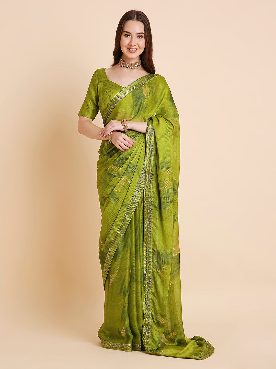 Shimmer Chiffon Printed Saree with Unstitched Blouse Piece