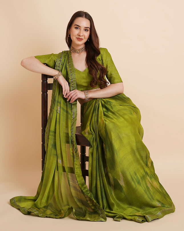 Shimmer Chiffon Printed Saree with Unstitched Blouse Piece