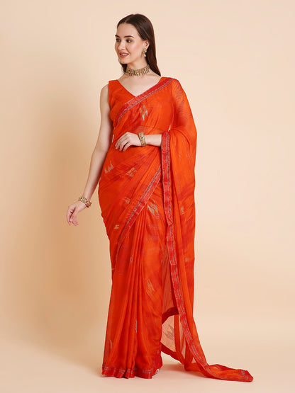 Shimmer Chiffon Printed Saree with Unstitched Blouse Piece