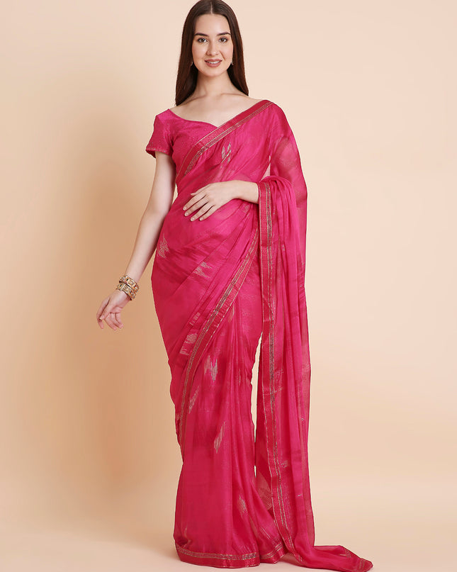 Shimmer Chiffon Printed Saree with Unstitched Blouse Piece