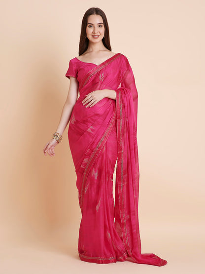 Shimmer Chiffon Printed Saree with Unstitched Blouse Piece