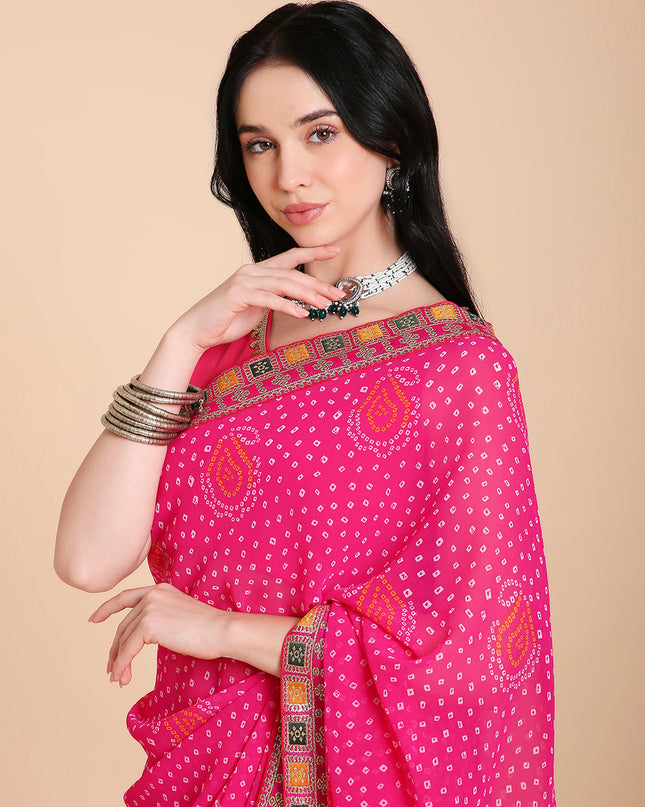Chiffon Bandhani Printed Saree with Blouse Piece
