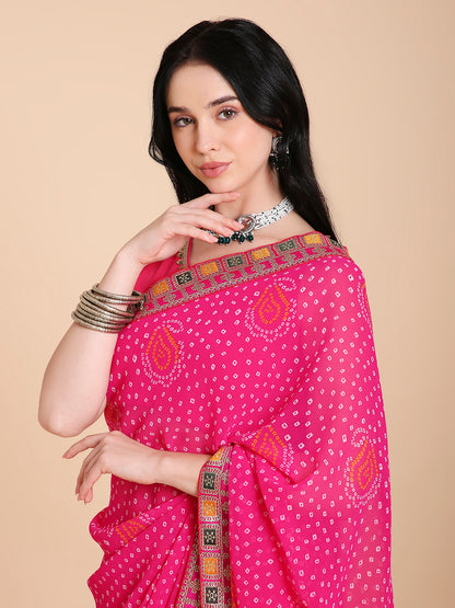Chiffon Bandhani Printed Saree with Blouse Piece