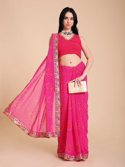 Chiffon Bandhani Printed Saree with Blouse Piece