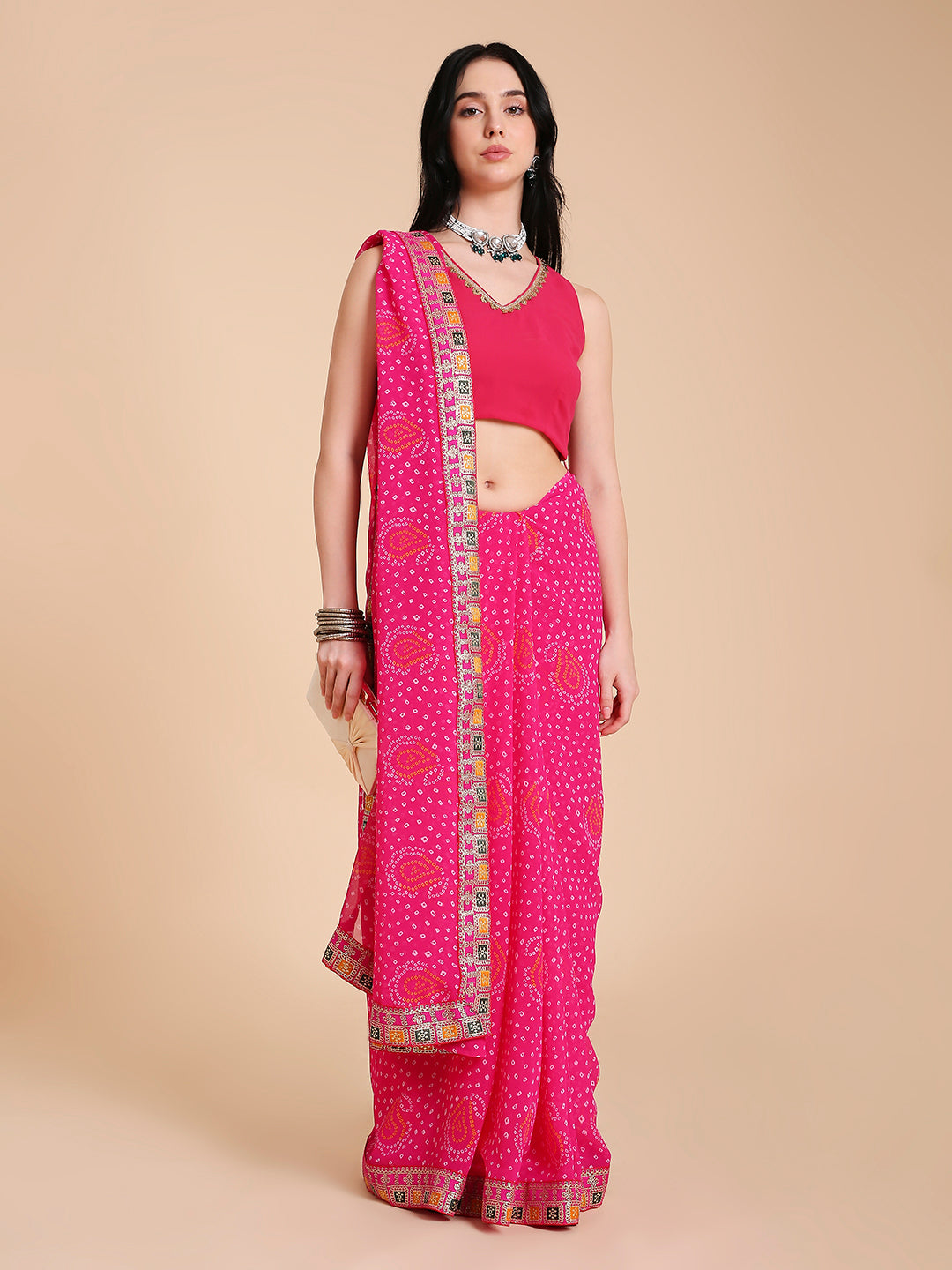 Chiffon Bandhani Printed Saree with Blouse Piece