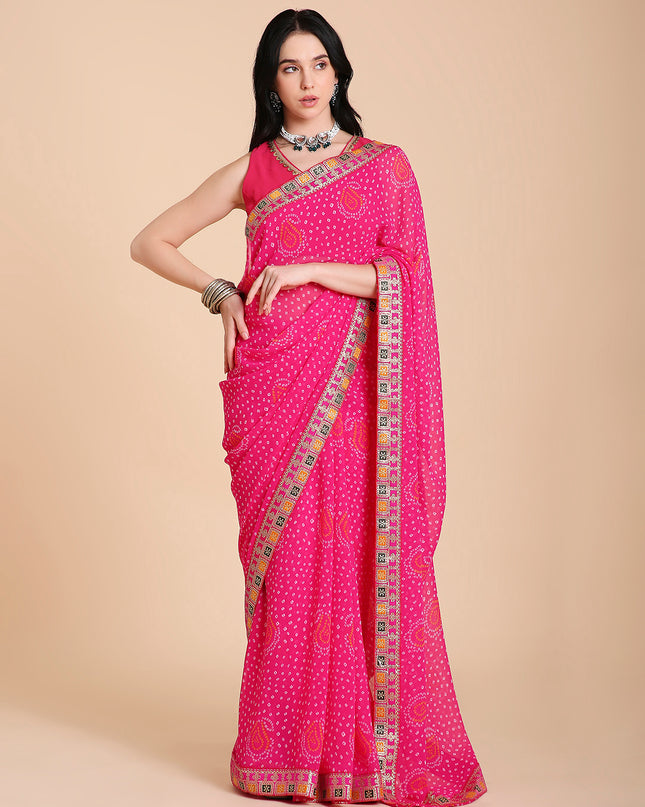 Chiffon Bandhani Printed Saree with Blouse Piece