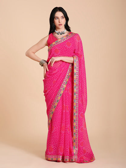 Chiffon Bandhani Printed Saree with Blouse Piece