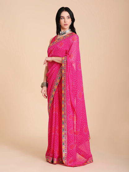 Chiffon Bandhani Printed Saree with Blouse Piece