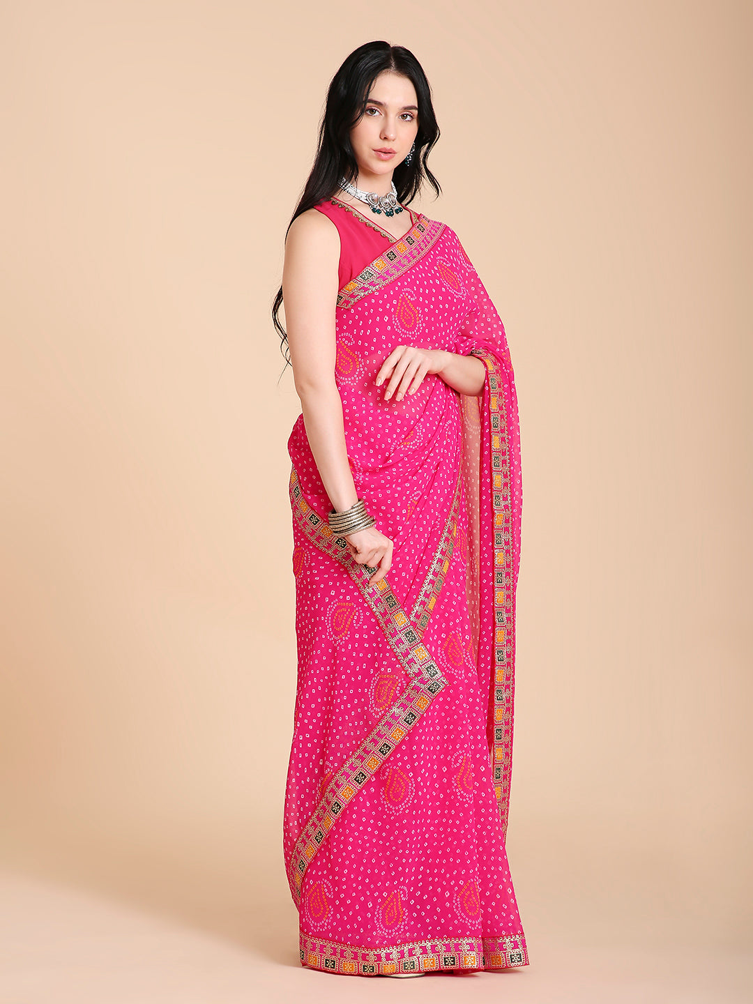 Chiffon Bandhani Printed Saree with Blouse Piece