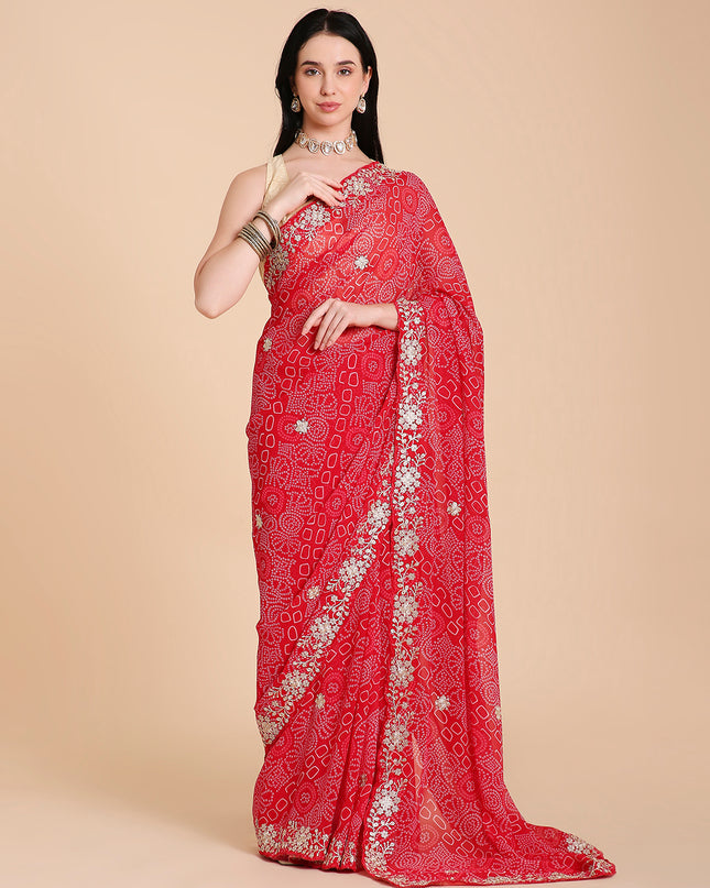 Chiffon Bandhani Printed Saree with Embroidered Blouse Piece