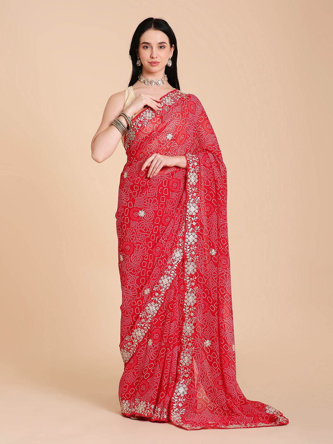 Chiffon Bandhani Printed Saree with Embroidered Blouse Piece