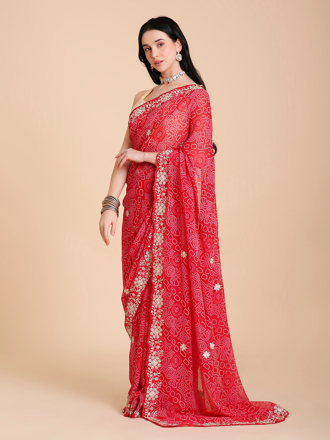 Chiffon Bandhani Printed Saree with Embroidered Blouse Piece