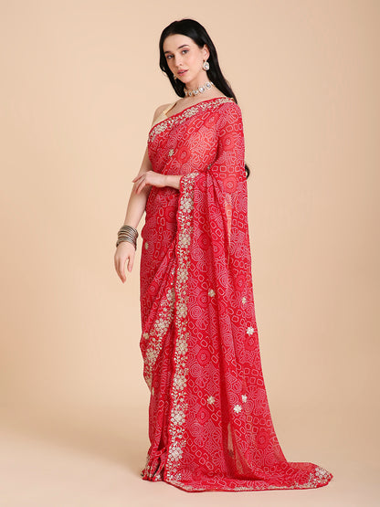 Chiffon Bandhani Printed Saree with Embroidered Blouse Piece