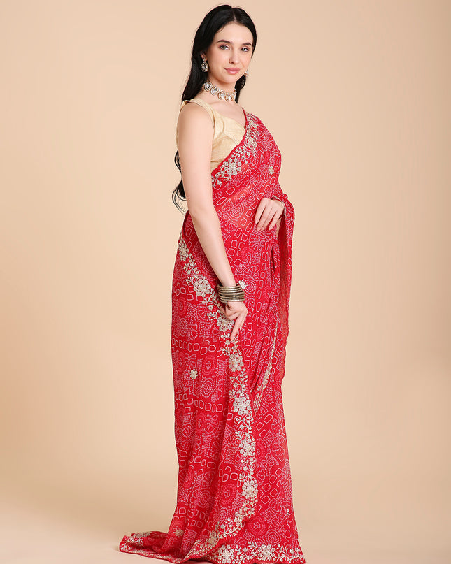 Chiffon Bandhani Printed Saree with Embroidered Blouse Piece
