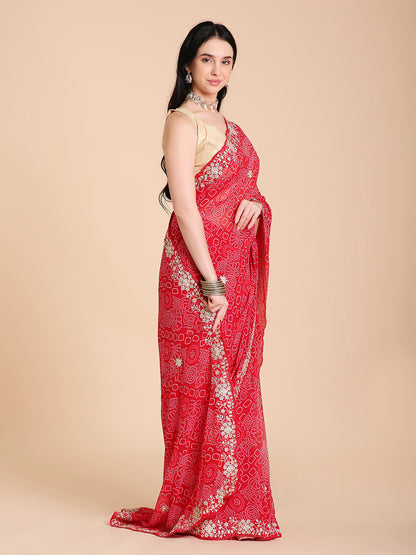 Chiffon Bandhani Printed Saree with Embroidered Blouse Piece
