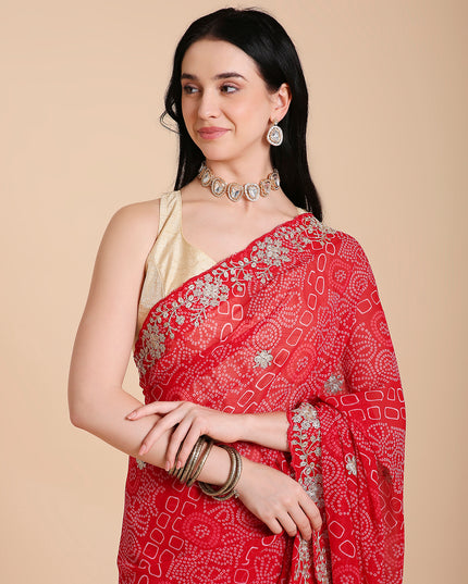 Chiffon Bandhani Printed Saree with Embroidered Blouse Piece
