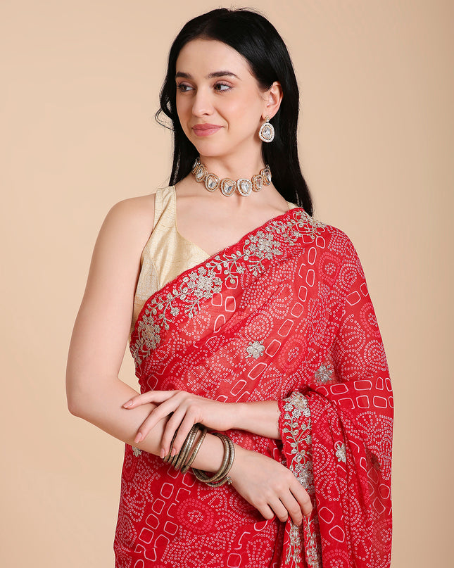 Chiffon Bandhani Printed Saree with Embroidered Blouse Piece