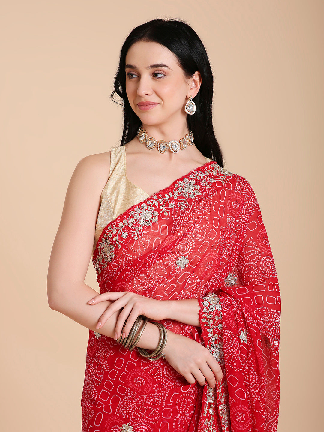 Chiffon Bandhani Printed Saree with Embroidered Blouse Piece