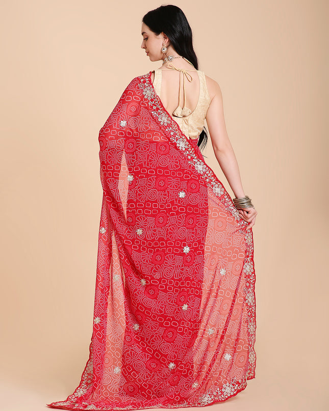Chiffon Bandhani Printed Saree with Embroidered Blouse Piece
