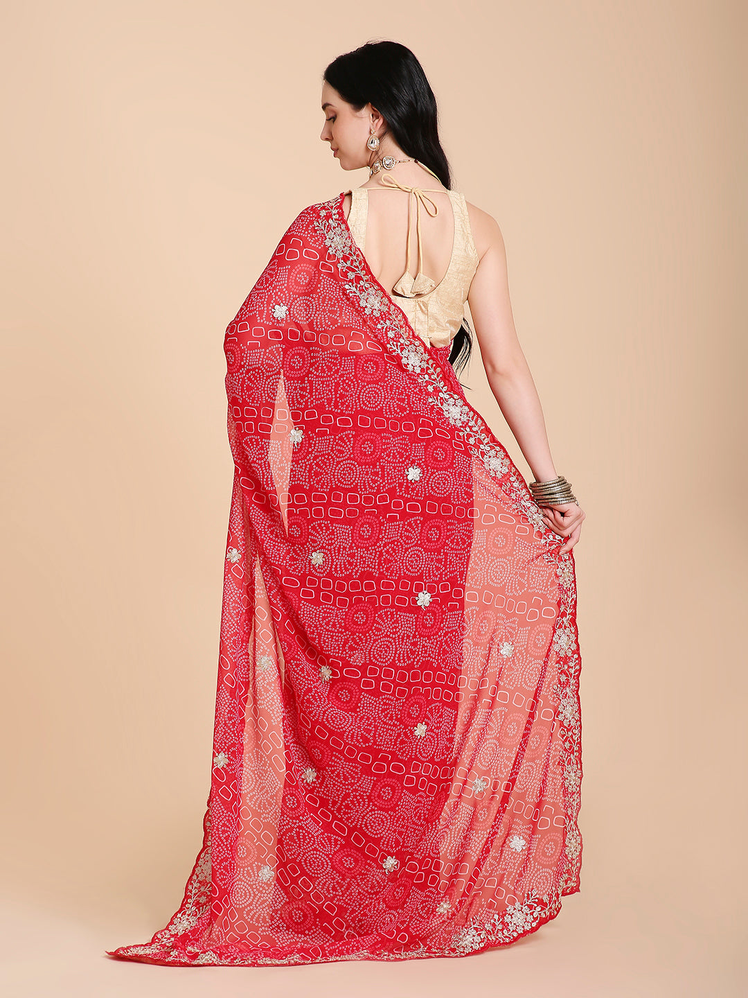 Chiffon Bandhani Printed Saree with Embroidered Blouse Piece