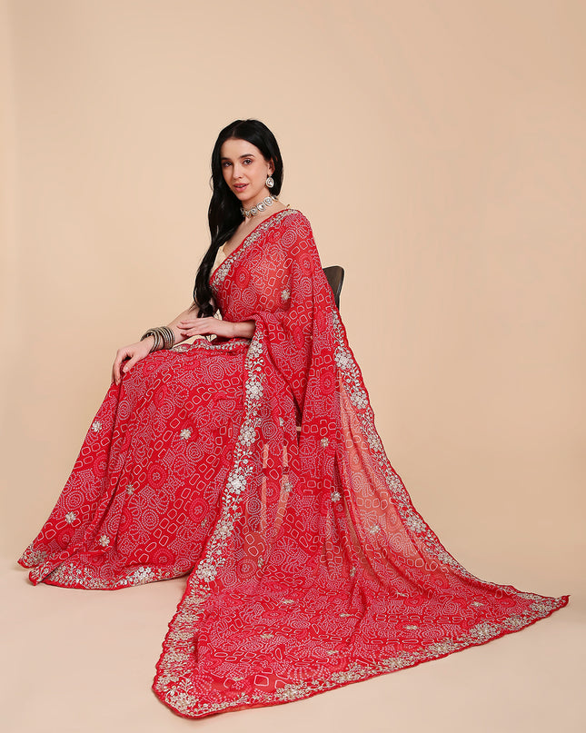 Chiffon Bandhani Printed Saree with Embroidered Blouse Piece