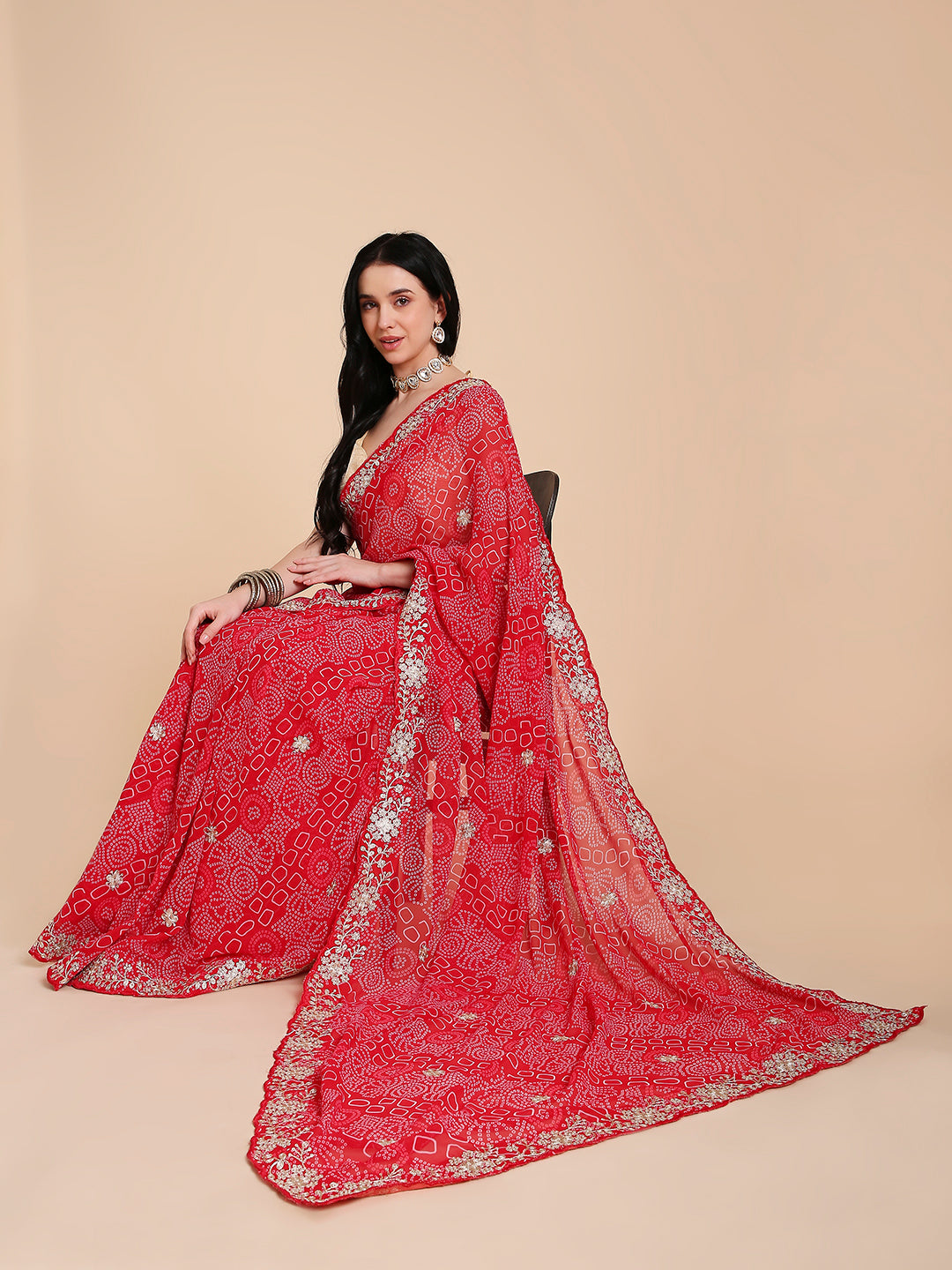 Chiffon Bandhani Printed Saree with Embroidered Blouse Piece