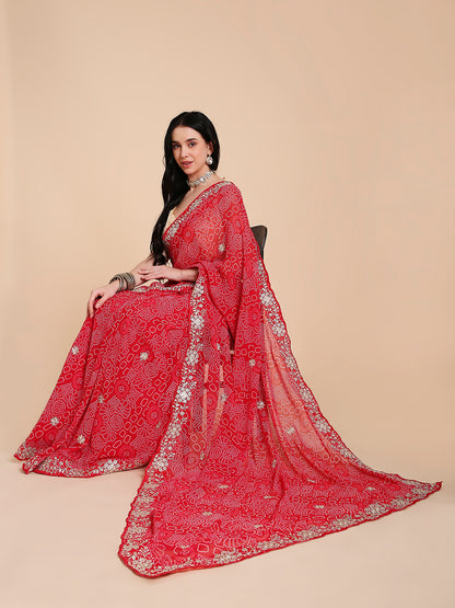 Chiffon Bandhani Printed Saree with Embroidered Blouse Piece